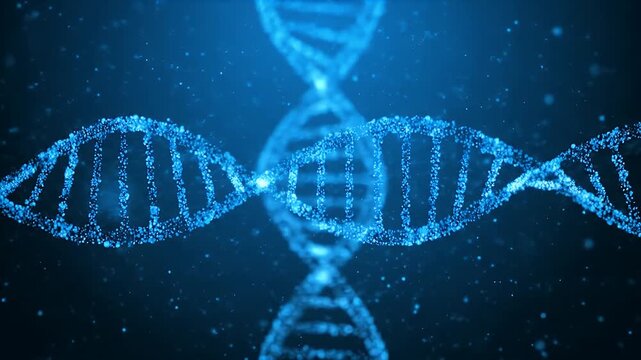 Abstract glowing DNA double helix structure in blue scientific background