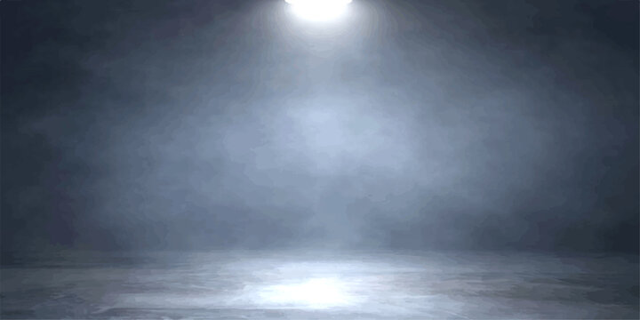 Dramatic light spotlights a textured concrete wall backdrop amidst a dark storm of clouds and mist