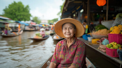 Fototapeta premium Smiling Senior Merchant at the Damnoen Saduak Floating Market in Thailand