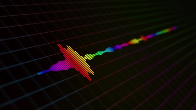 Neon Rainbow Audio Spectrum Waveform on Dark Futuristic Grid Background