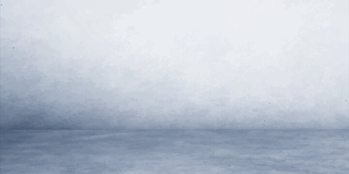 Abstract landscape of a white wall and blue floor meeting like a misty horizon where summer sun light hits a calm sea under white clouds