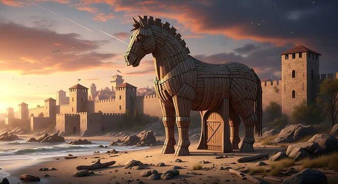 Majestic Trojan Horse Stands Guard Over Ancient City.