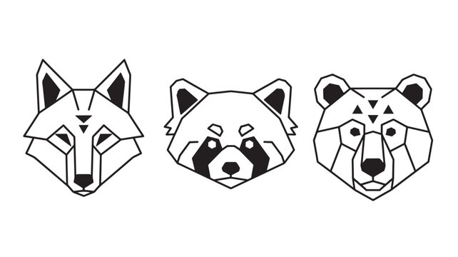 Geometric animal faces set with wolf, red panda, and bear heads in minimalist black outline style featuring illustration, face, head with collection