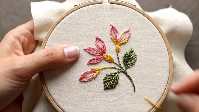 Hand-stitched floral embroidery art on a beige fabric in wooden hoop