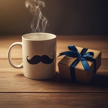 Title cozy morning still life coffee mug with mustache and a gift box description a warm inviting scene featuring a steaming coffee