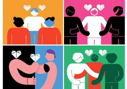 Conceptual Illustration of Polyamorous Relationships and Ethical Non-Monogamy Featuring Diverse People in Colorful Minimalist Panels