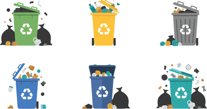 Recycling Trash Bin Illustration Set with Waste Sorting Garbage Containers and Environmental Cleanup Design for Eco Friendly Sustainability Collection