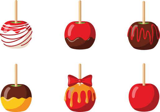 Candy Apple Illustration Set with Chocolate and Caramel Coating Variations for Sweet Dessert Snack and Festive Treat Design Collection