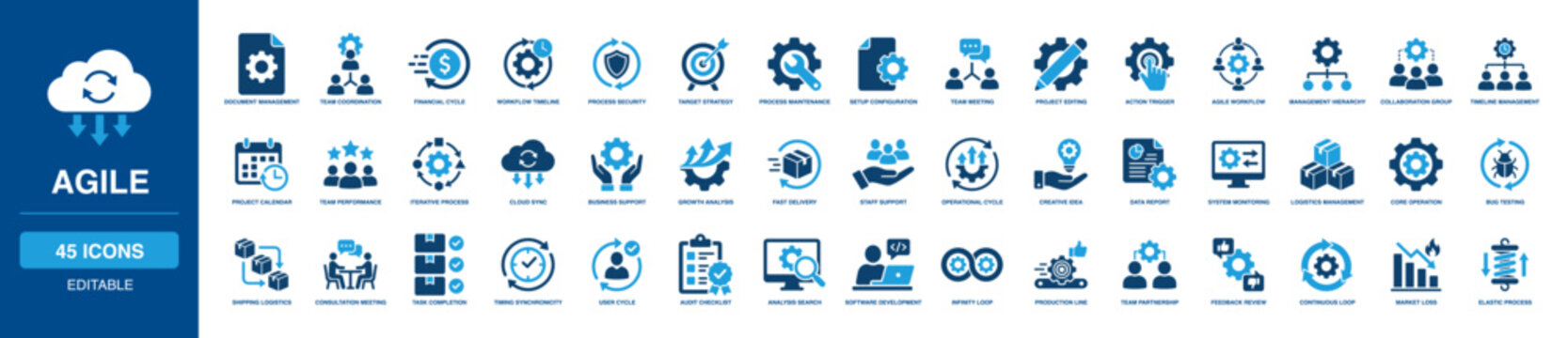 Agile project management team coordination workflow timeline iterative icon solid vector glyph process software development collaboration