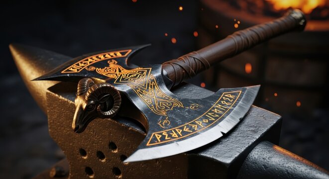 Ornate battle axe with a ram head design rests on a metal anvil in a forge.