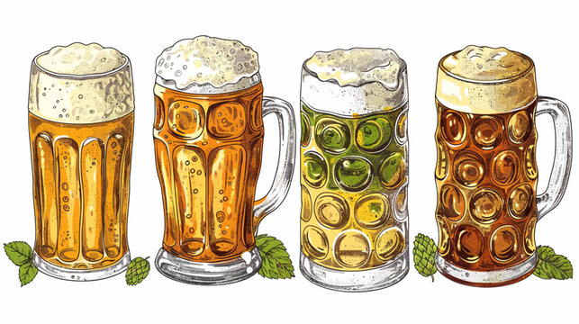 Four mugs of beer with varied colors of brew and generous foamy heads stand side-by-side