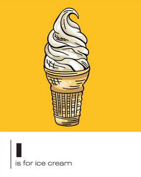 I is for ice cream flash card vector illustration and poster design for classrooms, teaching and education  