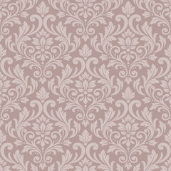 Fototapeta premium Elegant dusty pink classic damask seamless pattern vector with vintage floral ornament for wallpaper and textile design, timeless dusty pink classic damask seamless pattern vector background.