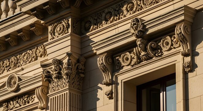Golden sunlight on richly carved classical stone cornice and window surround, with scrolling volutes, bead‑and‑reel bands, fluted pilasters and sculpted rosettes revealing exquisite craftsmanship of a