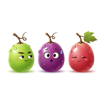 Cute cartoon grapes with expressive faces depicting different emotions