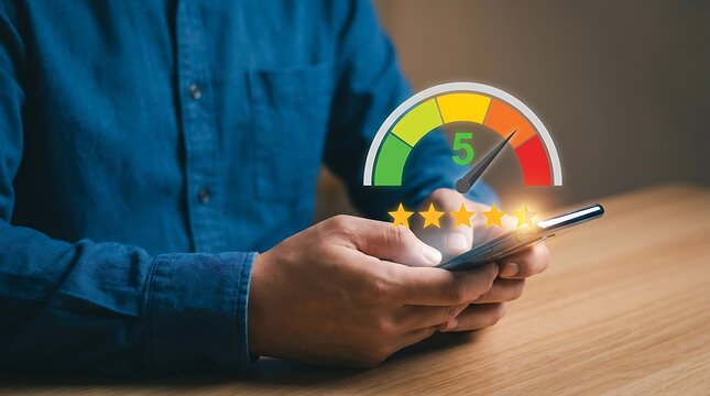 Customer checking credit score on smartphone with gauge meter and star rating smartphone application customer checking