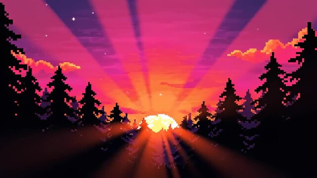 Pixel art sunset with silhouetted trees, low-angle view, perfect for retro video themes. Live desktop wallpaper.