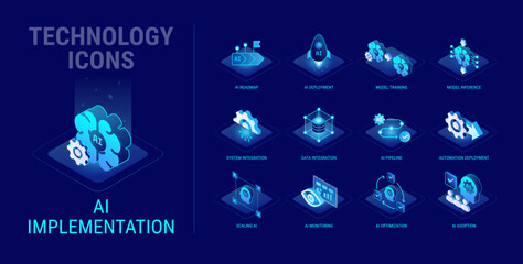 Plakat Technology icons set for AI Implementation workflow diagram - AI deployment, integration, roadmap, AI model training, inference, pipeline, scaling - high quality isometric vector