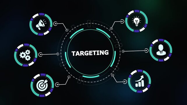 Customer targeting and market segmentation concept featuring bullseye icons and data analytics for precision business marketing.