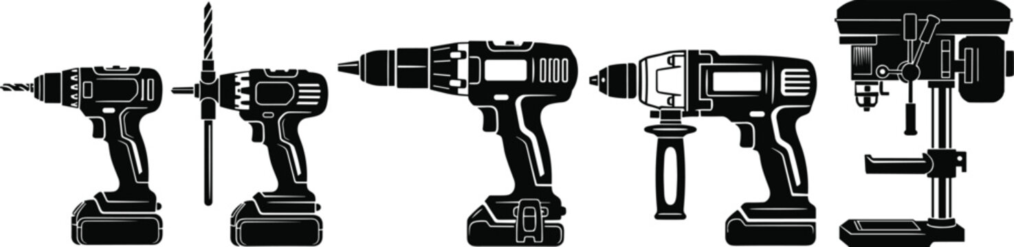 Collection of black and white vector silhouettes featuring various power drills including cordless impact drivers hammer drills and a professional industrial bench drill press