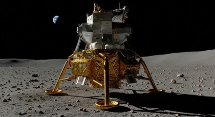 Fototapeta premium Lunar lander module stands on the cratered surface of the moon with the earth visible in the distant dark sky.