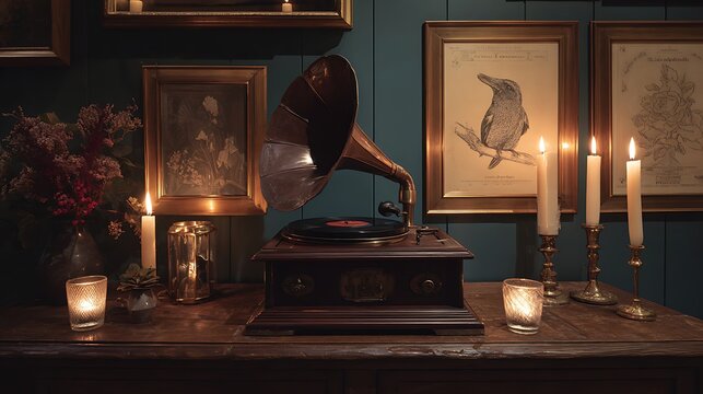Vintage gramophone and botanical illustrations, softly lit by candlelight, evoking a bygone era