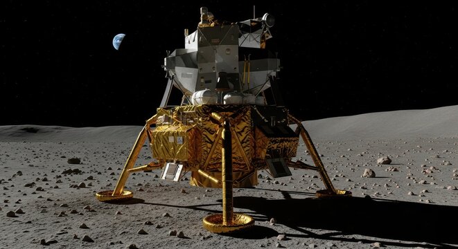 Lunar lander module stands on the cratered surface of the moon with the earth visible in the distant dark sky.