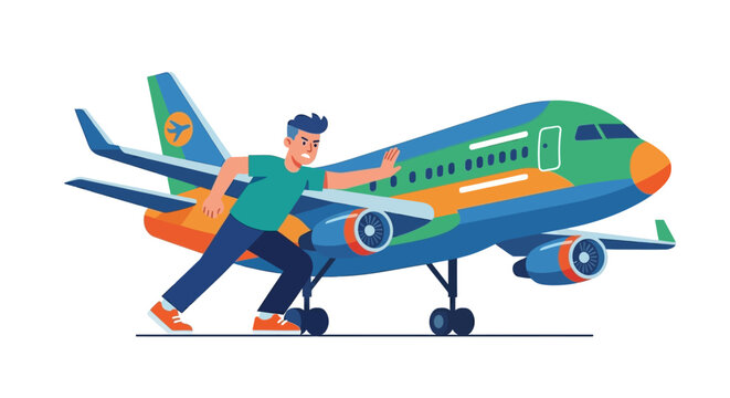 A man frantically attempts to stop a brightly colored airplane taking off