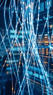 Blue glowing fiber optic cables weave through digital data streams in high-tech network