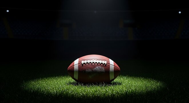American football on green grass under spotlight in a stadium