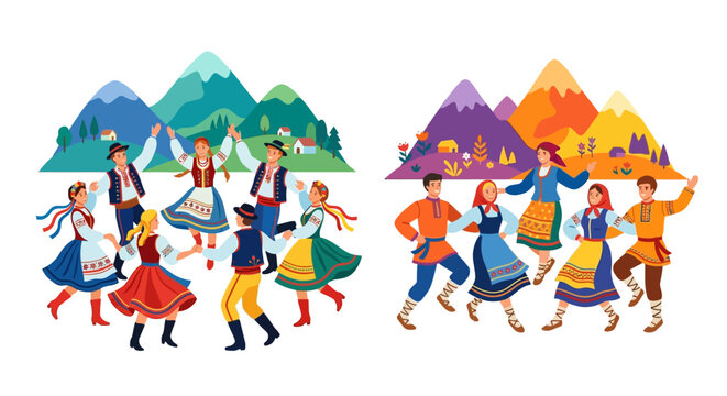 Colorful illustration of people dancing in traditional folk costumes