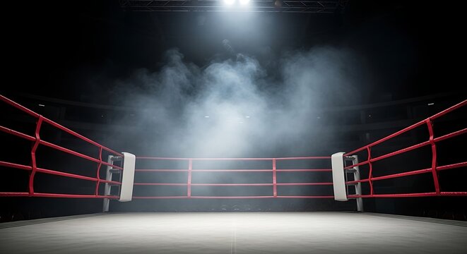 A dimly lit boxing ring with red ropes and a spotlight shining down on the empty floor surrounded by smoke