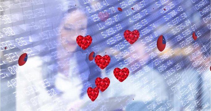 Animation of hearts multiple falling over moving covid cells