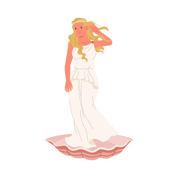 Ancient Greek goddess with flowing blonde hair and white dress stands on a pink seashell, inspired by mythology, isolated on white background vector illustration