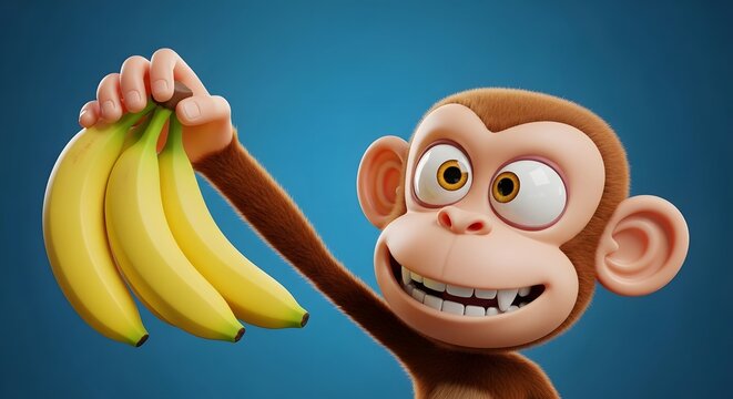 Funny cartoon monkey holding a bunch of ripe bananas, perfect for playful and cheerful designs