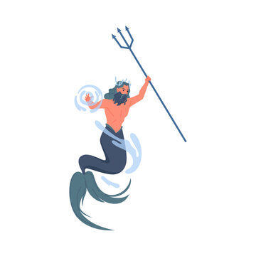 Mythical Poseidon character holding trident, depicted as a merman with flowing beard and crown, dynamic water elements, isolated on white background vector illustration