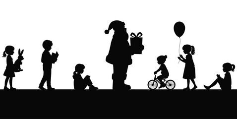 Obraz premium Santa Claus with children silhouette illustration, festive holiday celebration artwork, Christmas gift giving concept scene, joyful seasonal moment, flat vector illustration