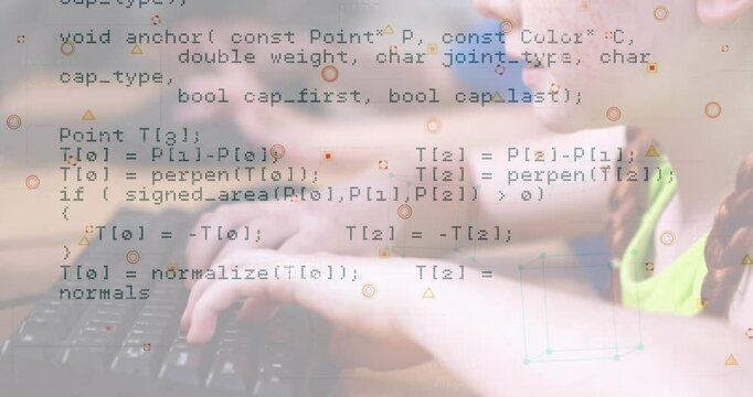 Data processing and abstract shapes against caucasian girl using computer at school
