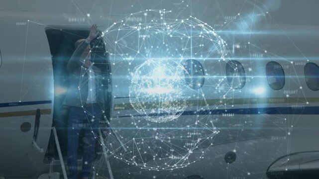 Animation of network of connections over caucasian businessmen on airport