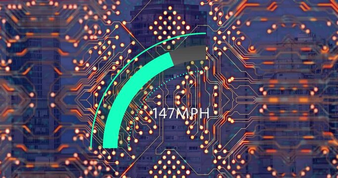 Animation of car panel and computer circuit board over cityscape