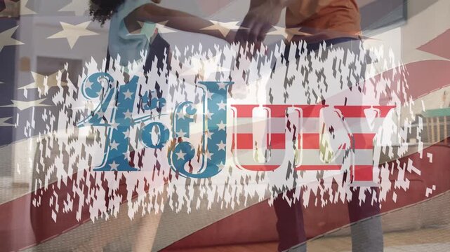 Animation of 4th july over flag of usa and african american father and daughter