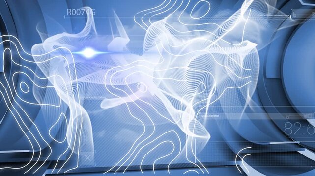 Animation of blue light moving on abstract wave frame pattern on digital interface