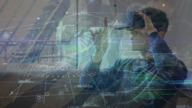 Man in vr glasses touching futuristic screen with computer coding an athlete running in background