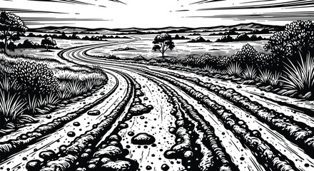 Fototapeta premium Rustic countryside road vector landscape with hills and fields woodcut style.