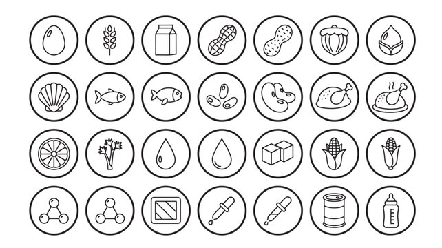 Food allergy icons set with various allergens like egg, wheat, milk, peanuts, shellfish, fish, and nuts.