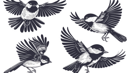 Obraz premium Four detailed monotone drawings of birds in flight with various poses on a white background