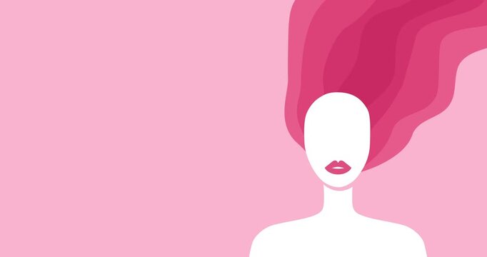 Women's Health and Wellness Animated Motion Background. Elegant Female Silhouette, Pink Lips and Flowing Hair on Pastel Pink. Flat Vector Seamless Loop with Copy Space