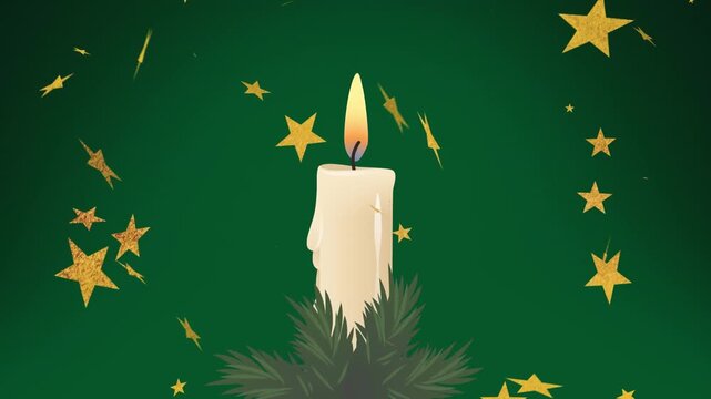 Animation of golden stars falling over burning candle icon against green background with copy space