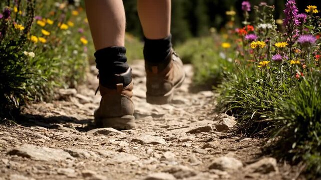Hiker's boots on a rocky trail path with blooming wildflowers
