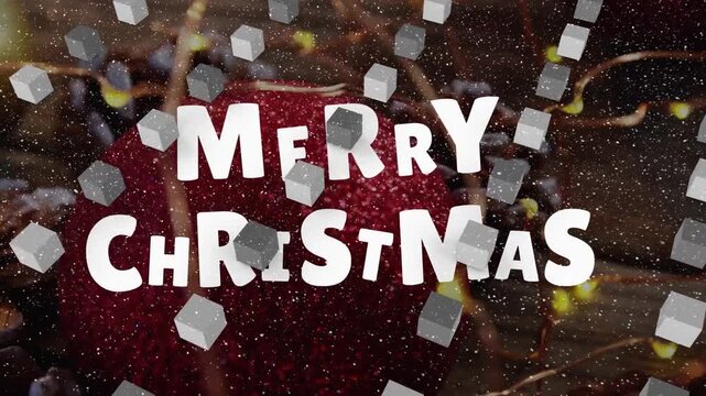 Animation of merry christmas over cubes and christmas decorations